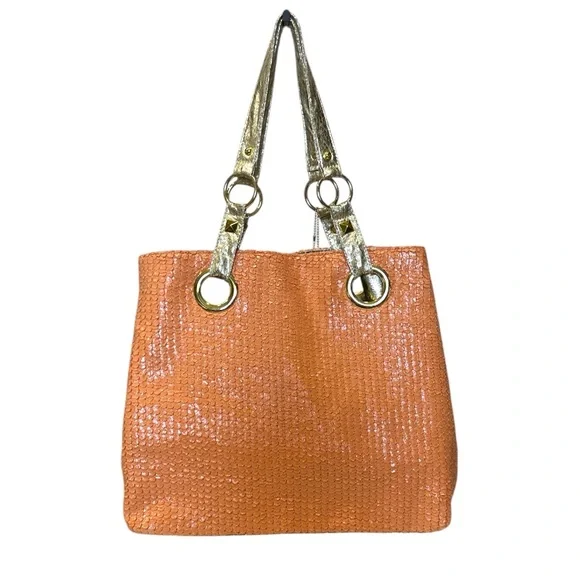 Big Buddha Tote Bag Coral Textured Pattern Gold Trim - Picture 14 of 15